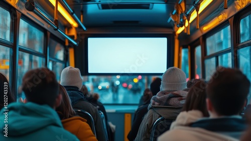 Interior of a City Bus with Passengers and Blank Screen Display at Night.