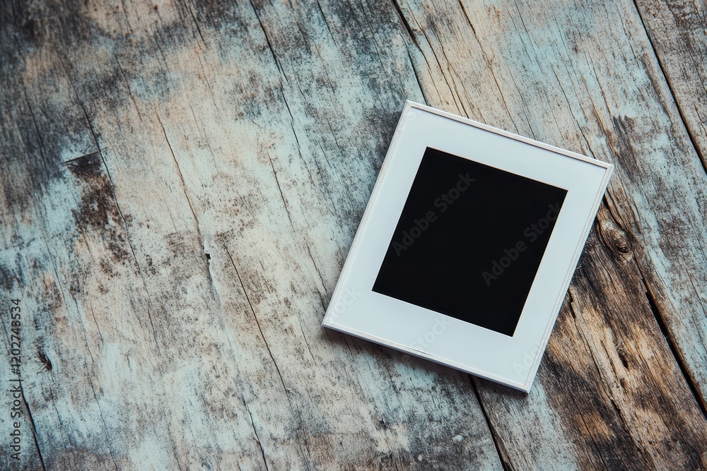 Blank Photo Frame on Rustic Wood Background, High Angle Mockup Blank Photo Frame on Rustic Wood Background, High Angle Mockup