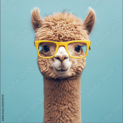 
An alpaca wearing yellow glasses, against a solid background, in a humorous style.