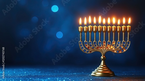 A lit menorah with nine candles against a blue background, symbolizing Hanukkah.