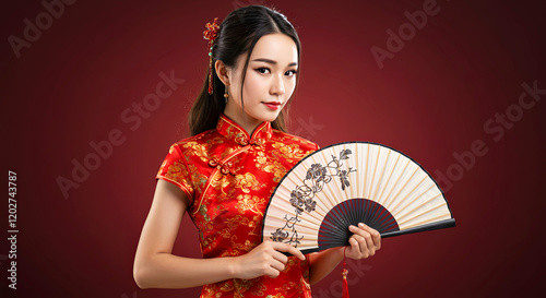 A young beautiful Asian woman with long hair, standing,  wearing traditional red Chinese dress cheongsam, holding chinese hand fan, Chinese New Year photo