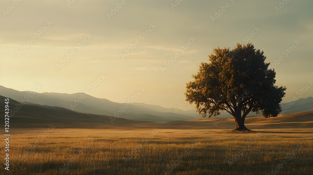 Obraz premium Solitary Tree Stands in Golden Sunset Field