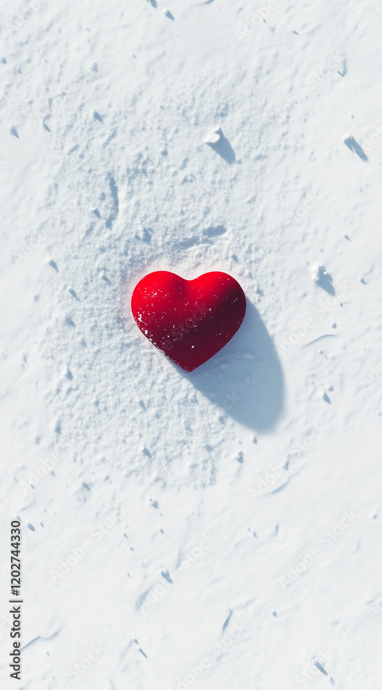 A red heart in the snow.Minimal creative Valentine's holiday concept.Copy space,flat lay A red heart in the snow.Minimal creative Valentine's holiday concept.Copy space,flat lay