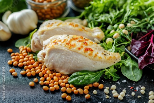 A creative display of a high-protein dinner, featuring chicken, legumes photo