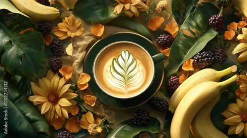Fototapeta Aromatic Latte Art with Tropical Fruits and Flowers