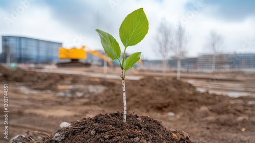 A construction site transformed into a phytoremediation project with pioneer species like birch trees planted in toxic soil, clean and innovative