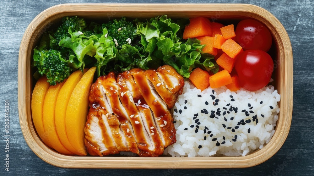 A colorful Japanese bento lunch box featuring rice, teriyaki chicken, veggies, and a small portion of fruit. A colorful Japanese bento lunch box featuring rice, teriyaki chicken, veggies, and a small portion of fruit.