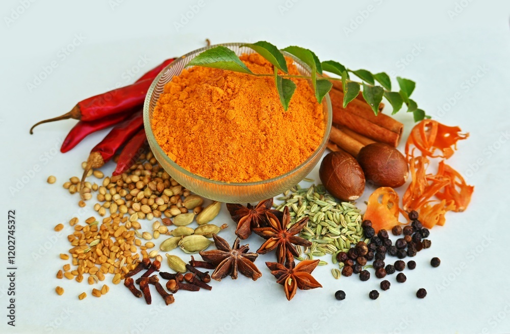 Spice blend, spice mix, Indian traditional whole spices, top view, spice bowl Spice blend, spice mix, Indian traditional whole spices, top view, spice bowl