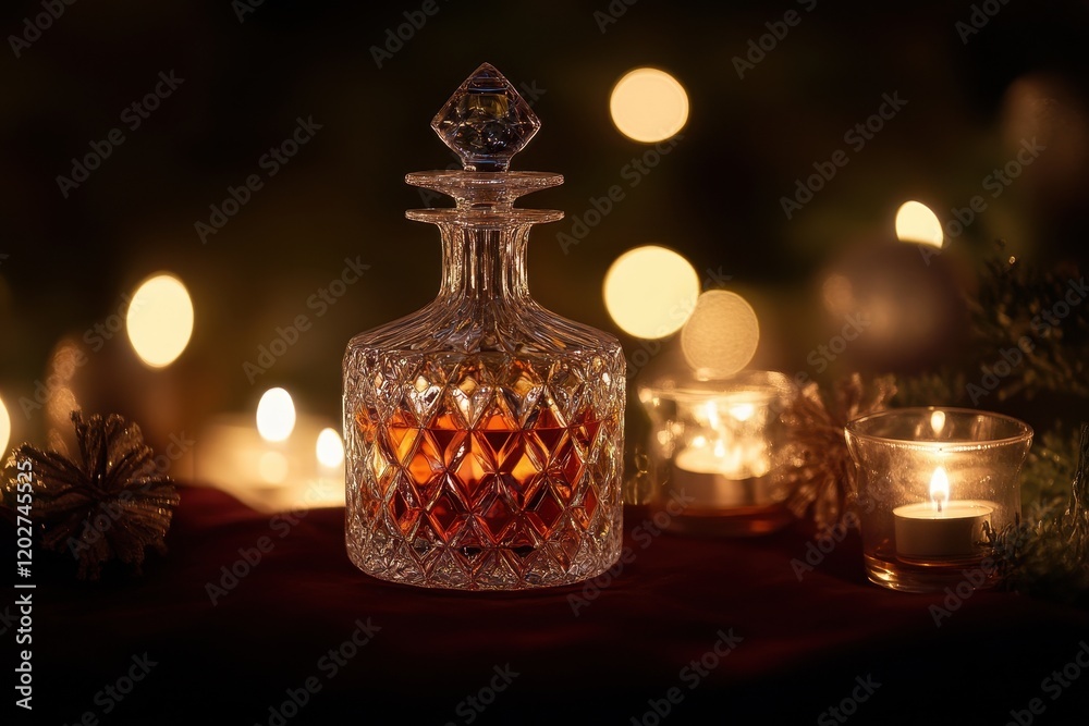 Elegant Crystal Decanter Filled with Amber Liquor on a Rich Fabric with Soft Candlelight and Festive Bokeh Elegant Crystal Decanter Filled with Amber Liquor on a Rich Fabric with Soft Candlelight and Festive Bokeh