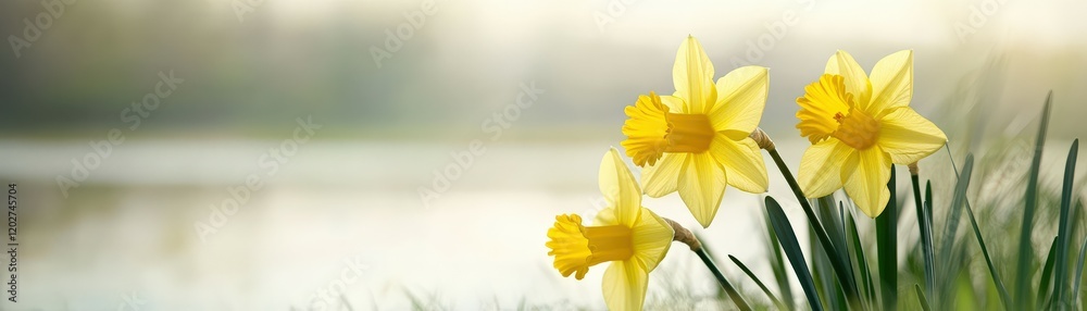 Fototapeta premium A serene image of yellow daffodils blooming beside calm water, evoking a sense of tranquility and the beauty of nature