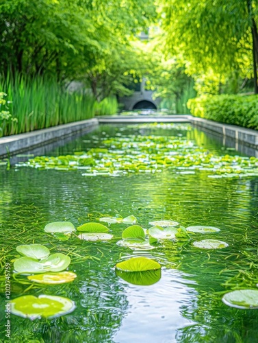 An industrial water treatment plant using aquatic vegetation like duckweed and cattails to clean wastewater