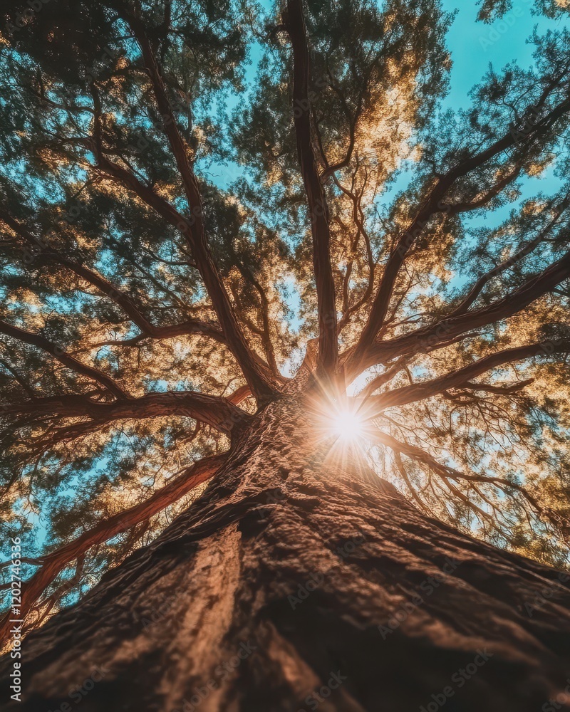 Obraz premium Majestic Low Angle View of a Sunlit Tree Canopy Against a Blue Sky.