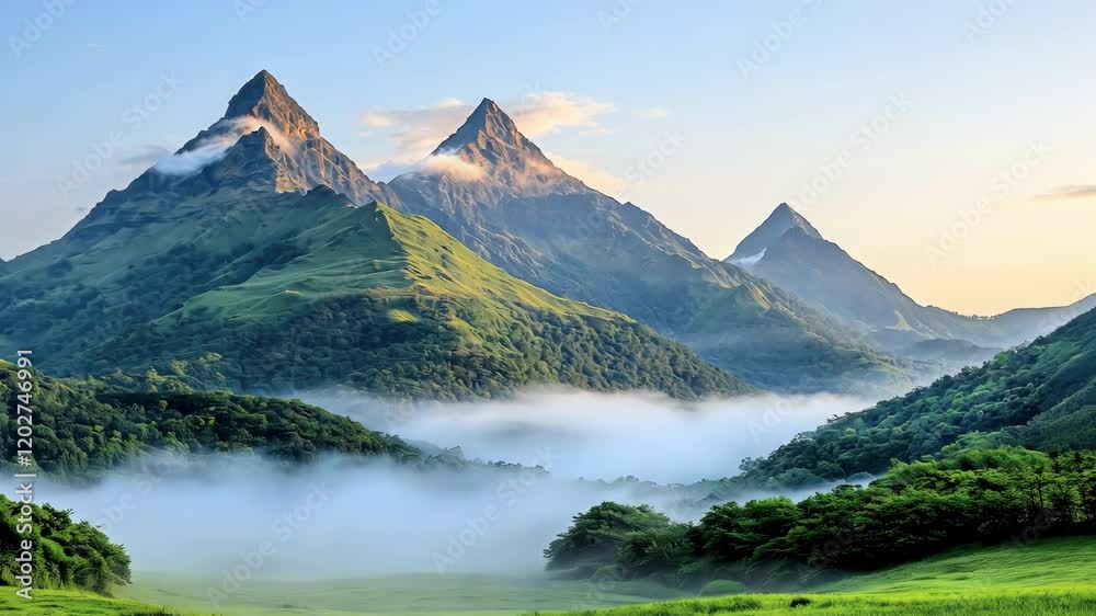 The sun's last rays cast a warm, golden glow on the majestic peaks, painting the lush greenery with a magical hue as the mist gently wraps around them The sun's last rays cast a warm, golden glow on the majestic peaks, painting the lush greenery with a magical hue as the mist gently wraps around them