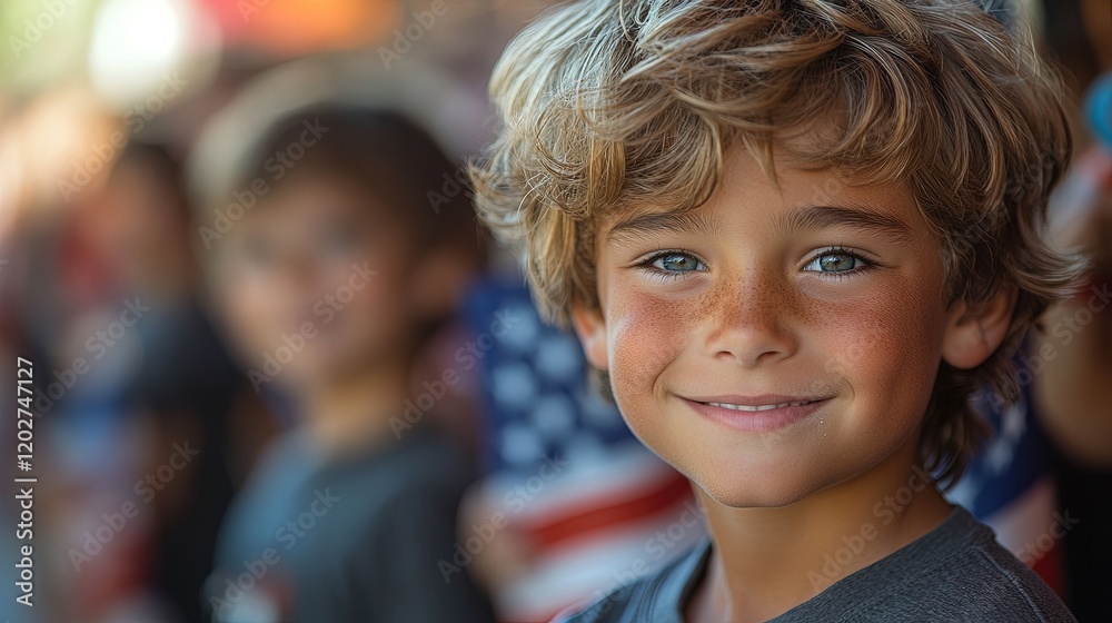 A smiling boy with curly hair and bright blue eyes stands among a crowd, holding a flag.