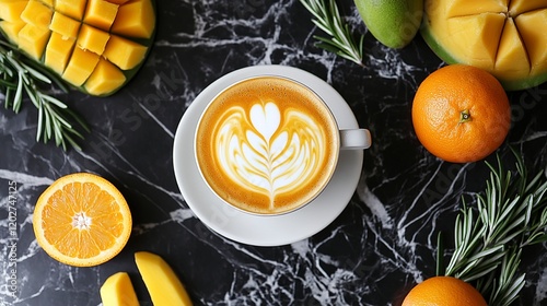 Aromatic Latte with Mango and Orange Slices on Marble Surface