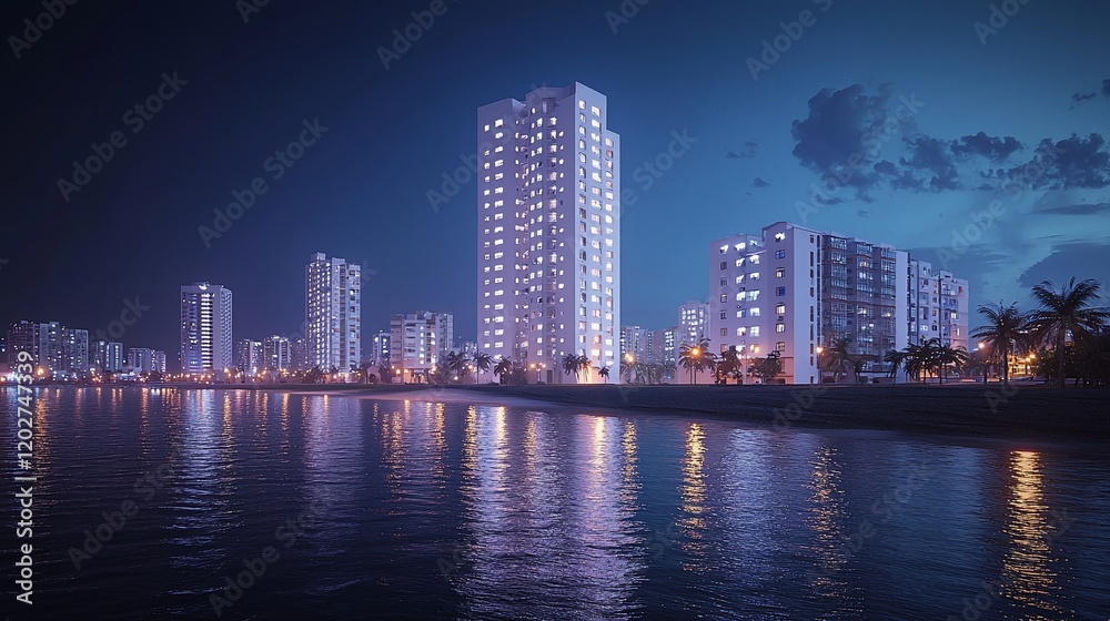 Obraz premium Night cityscape by the ocean, illuminated buildings reflect on calm water.