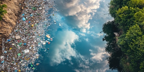 Aerial View of Polluted Water Body with Plastic Waste and Sky Reflection.