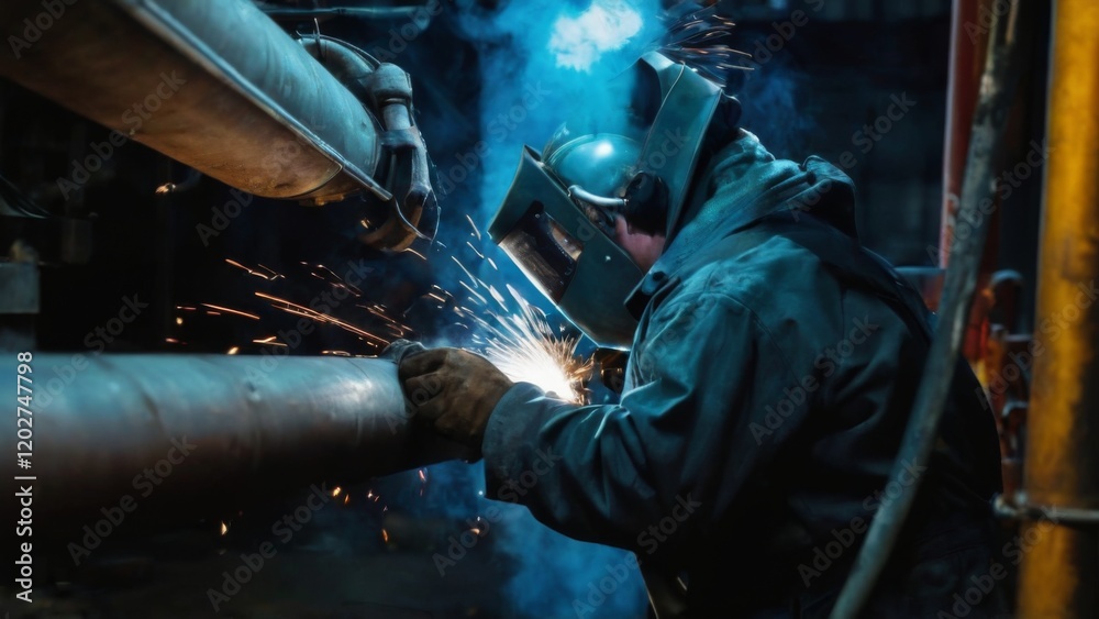 Welder in factory working on pipe with torch emitting blue light, wearing helmet and suit in industrial setting. Welder in factory working on pipe with torch emitting blue light, wearing helmet and suit in industrial setting.
