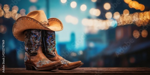 Cowboy boots with intricate designs on wooden surface against city skyline at night with festive lights bokeh effect.