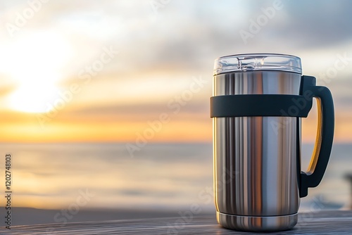 Stainless Steel Mug at Sunrise by the Beach