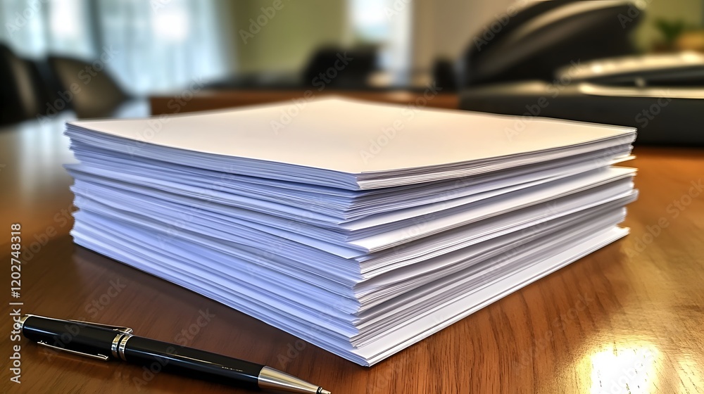 A Stack of White Papers and a Pen on a Desk A Stack of White Papers and a Pen on a Desk