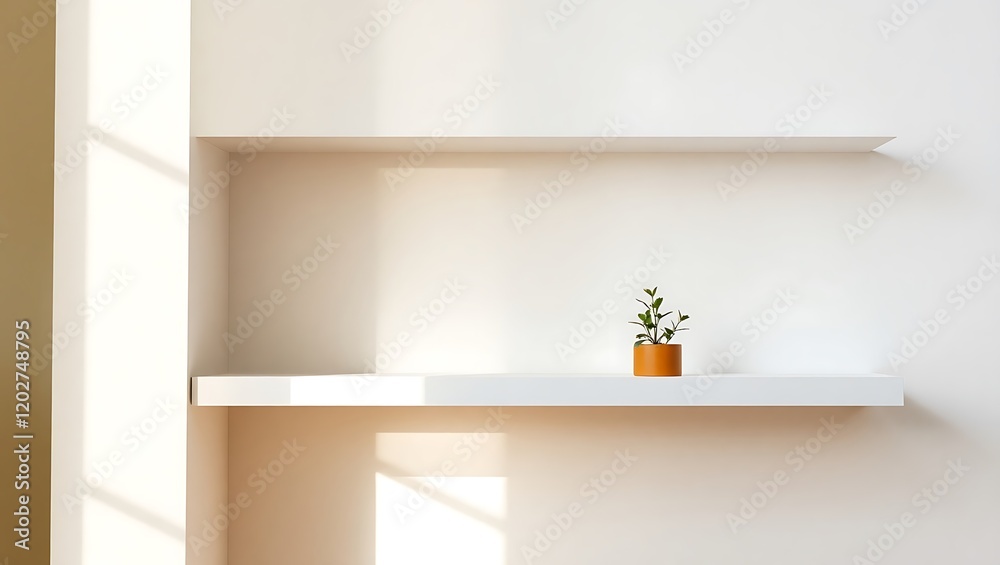 Fototapeta premium Minimalist Plant on Shelf with Sunlight and White Wall Home Decor