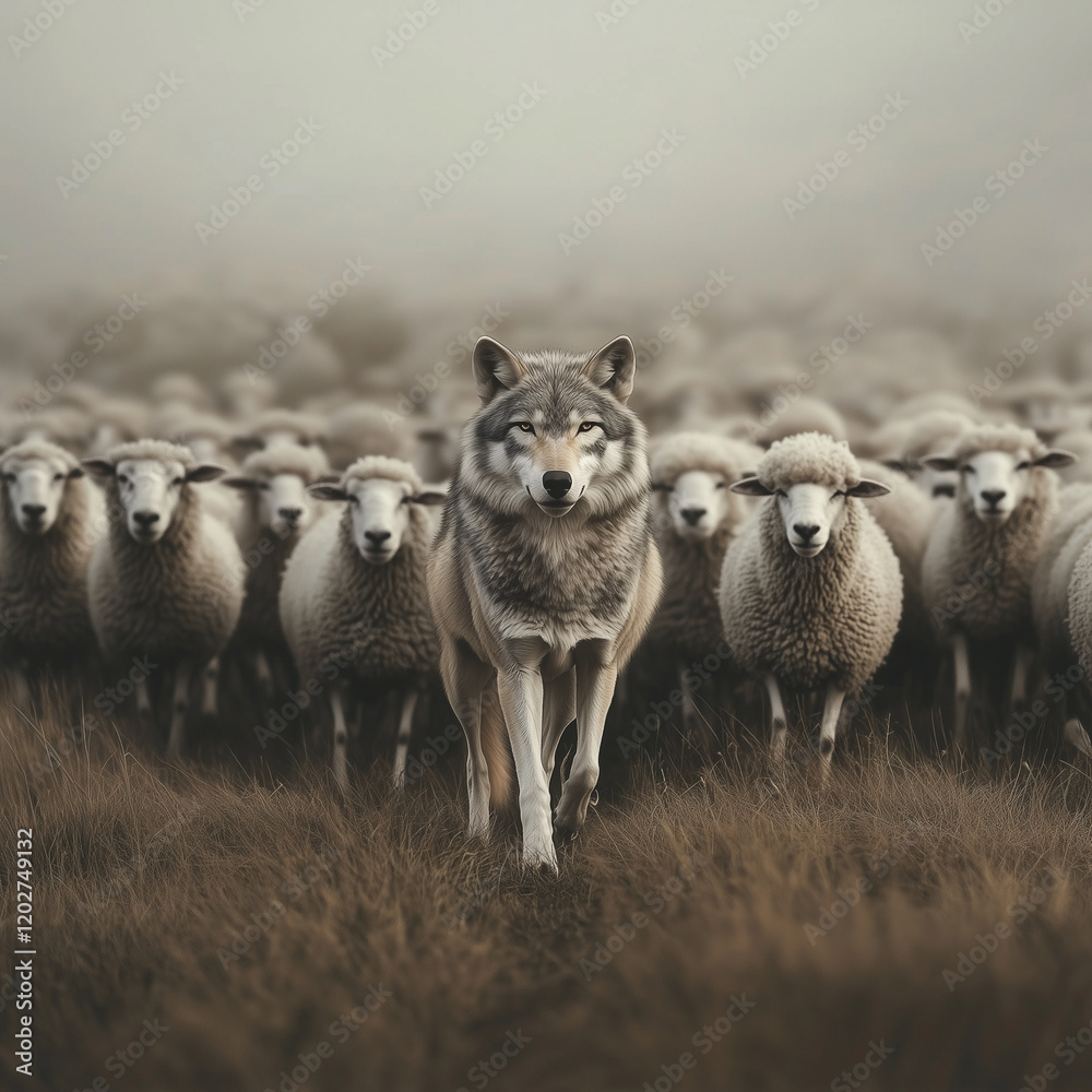 A wolf leads the flock of sheep, blending into their wool with eyes hidden, portrayed as an impressive leader among them. A wolf leads the flock of sheep, blending into their wool with eyes hidden, portrayed as an impressive leader among them.