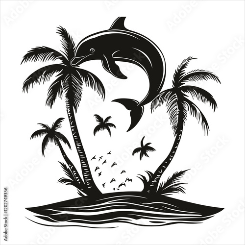 Palm trees and dolphins vector 