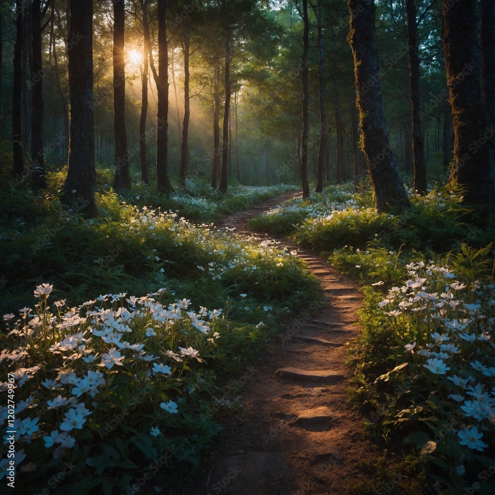 Obraz premium A magical forest where flowers light up the path for travelers.