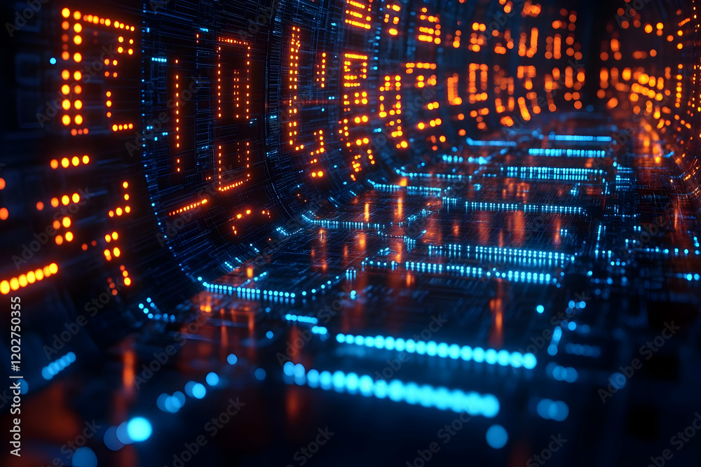 Obraz premium Abstract digital network with glowing orange and blue lines creating a futuristic technological structure