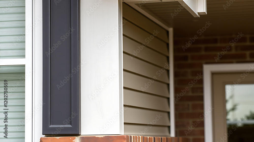 Fototapeta premium Modern House Exterior: Brick, Siding, and Classic Design. High-quality image showcasing the architectural details of a residential home's facade, including brickwork, siding, and window shutters.