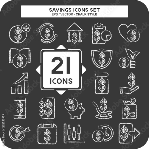 Icon Set Savings. related to Money symbol. chalk Style. design editable