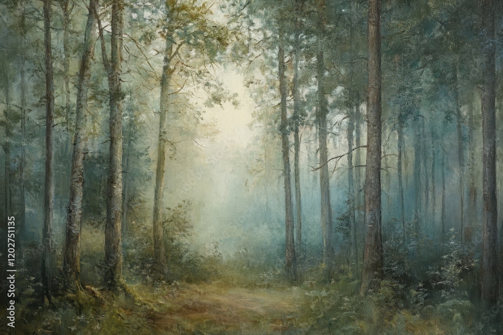 Fototapeta premium Tranquil Forest Path Impressionist Oil Painting of a Misty Woodland Scene.