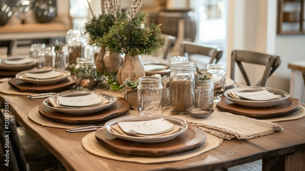 Fototapeta premium A farmhouse-style table decorated with burlap runners, mason jar centerpieces, and wooden chargers.
