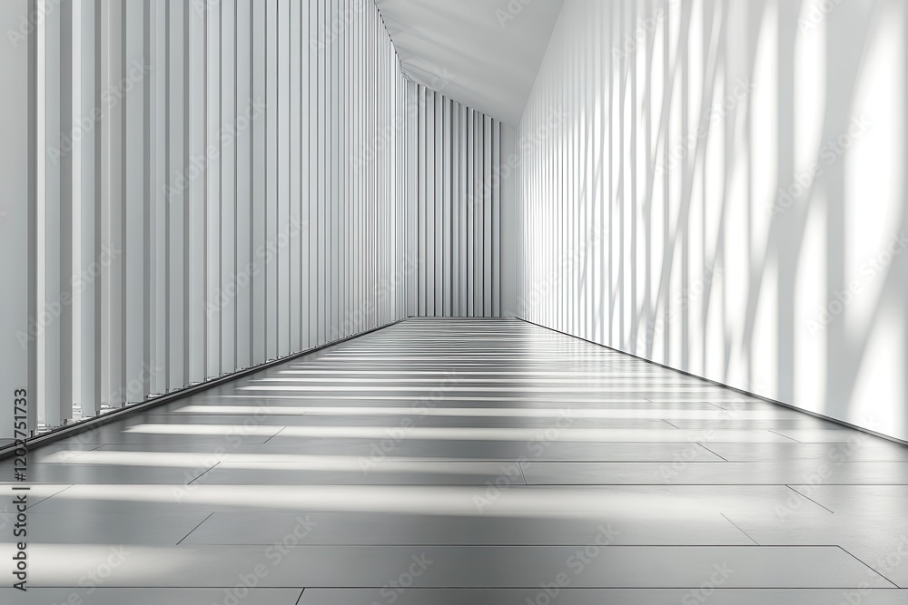 Obraz premium Modern white hallway with sunlit shadows. Ideal for minimalist architecture, design, or serenity concepts.