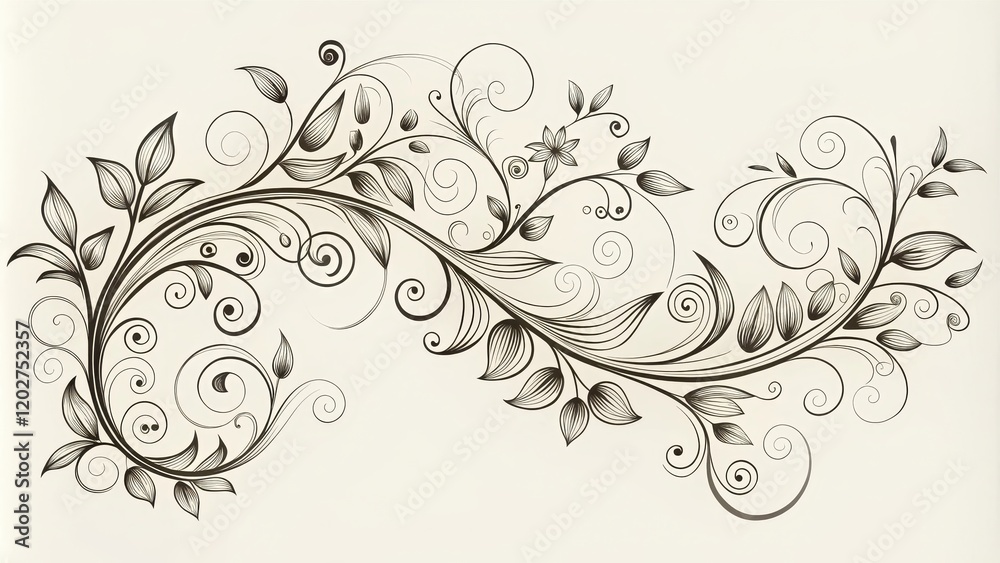 Elegant Flourishing Floral Design with Swirls and Leaves, Perfect for Wedding Invitations or Decorative Artwork Elegant Flourishing Floral Design with Swirls and Leaves, Perfect for Wedding Invitations or Decorative Artwork