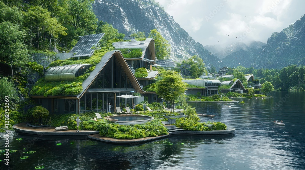 Obraz premium Eco-Friendly Village nestled in Mountain Lake