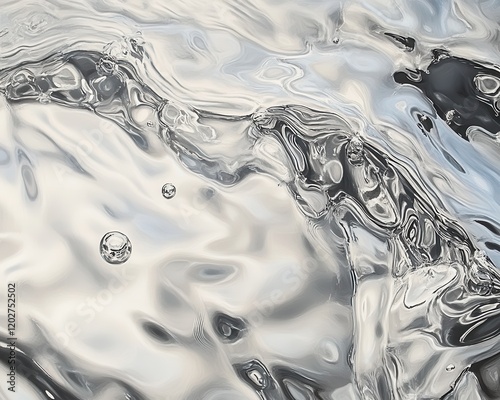 Dynamic Silver Water Surface with Abstract Flow and Bubbles, Reflective Liquid Texture.
