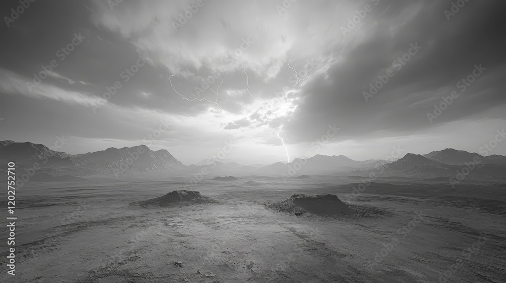 Fototapeta premium Dramatic Black and White Landscape with Lightning Strike Over Mountainous Horizon.