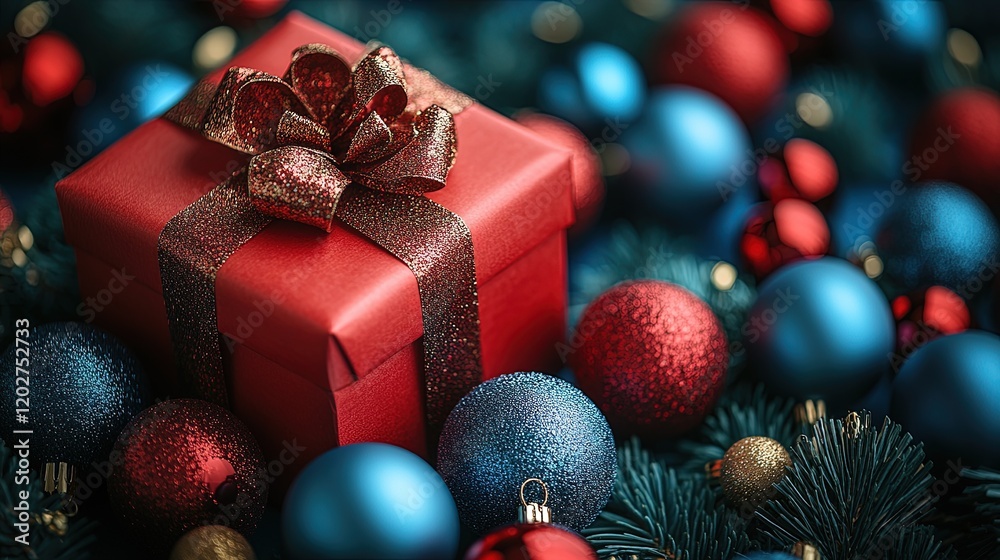 A festive red gift box surrounded by colorful ornaments on a holiday-themed background. A festive red gift box surrounded by colorful ornaments on a holiday-themed background.