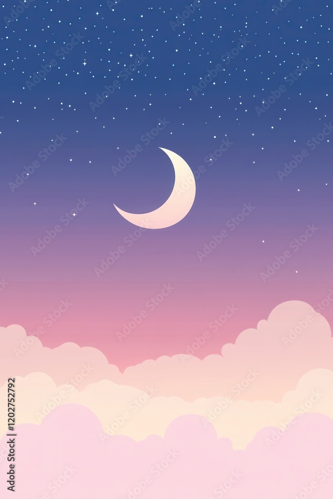 Naklejka premium Dreamy Night Sky with Crescent Moon, Stars, and Pink Clouds, Vector Illustration.