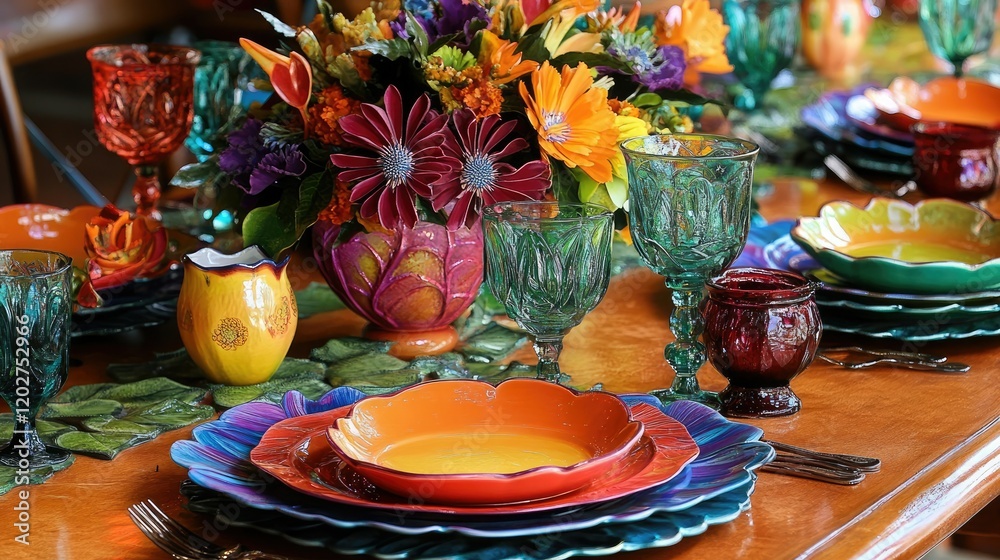 Fototapeta premium A festive table setup with a vibrant floral centerpiece, colorful plates, and matching glassware.