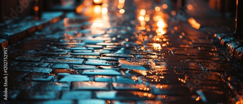 Wet cobblestones glisten under warm streetlights, creating a cozy, inviting atmosphere in this charming nighttime street scene. photo