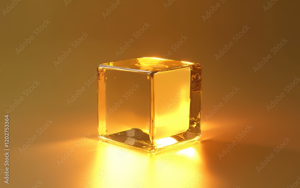 Golden Liquid Cube with Light Refraction and Reflection on a Warm Background, 3D Render. Golden Liquid Cube with Light Refraction and Reflection on a Warm Background, 3D Render.