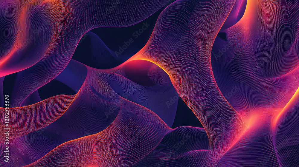 abstract purple and orange wave background with dynamic flowing lines and neon particles creating a vibrant 3d glowing texture in digital art and design