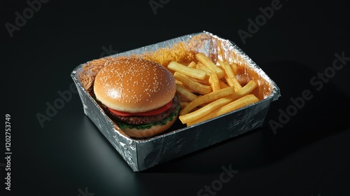 A foil food box containing a classic takeaway meal of burger and fries, with the lid slightly ajar. photo