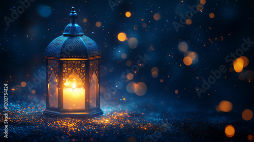 Elegant Arabic lantern with a burning candle on a dark blue background, glowing lights, and a bokeh effect for the Ramadan Kareem or Muslim holiday concept banner design with copy space photo