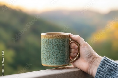 A person s hand holding a ceramic coffee mug, feet propped up on the porch railing, overlooking a mountain sunrise, tranquil and contemplative photo