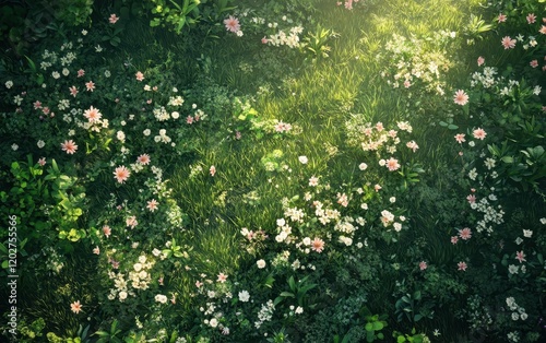 Lush Meadow with Pink and White Wildflowers, Verdant Grass, and Sunlight Streaming Through, Top View.