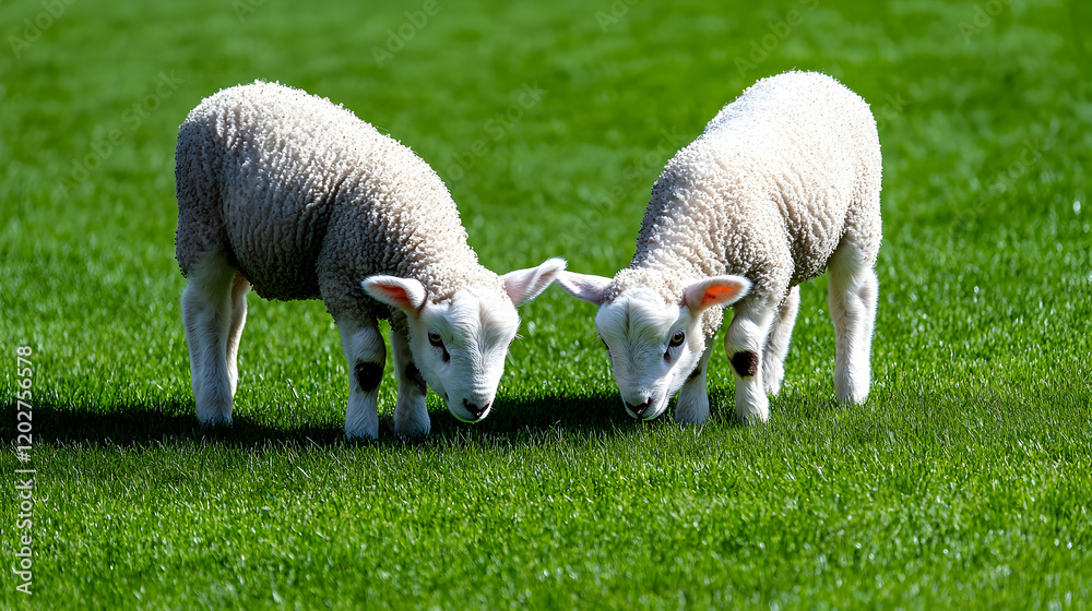Two Adorable Lambs Grazing in a Lush Green Field, sheep, sheep grazing, spring lamb, two lambs, cute lambs Two Adorable Lambs Grazing in a Lush Green Field, sheep, sheep grazing, spring lamb, two lambs, cute lambs